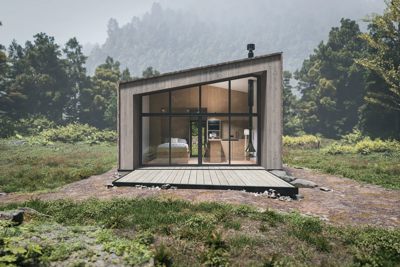 The Boondocks cabin in mountain woodland, shown in the Forest Green finish.