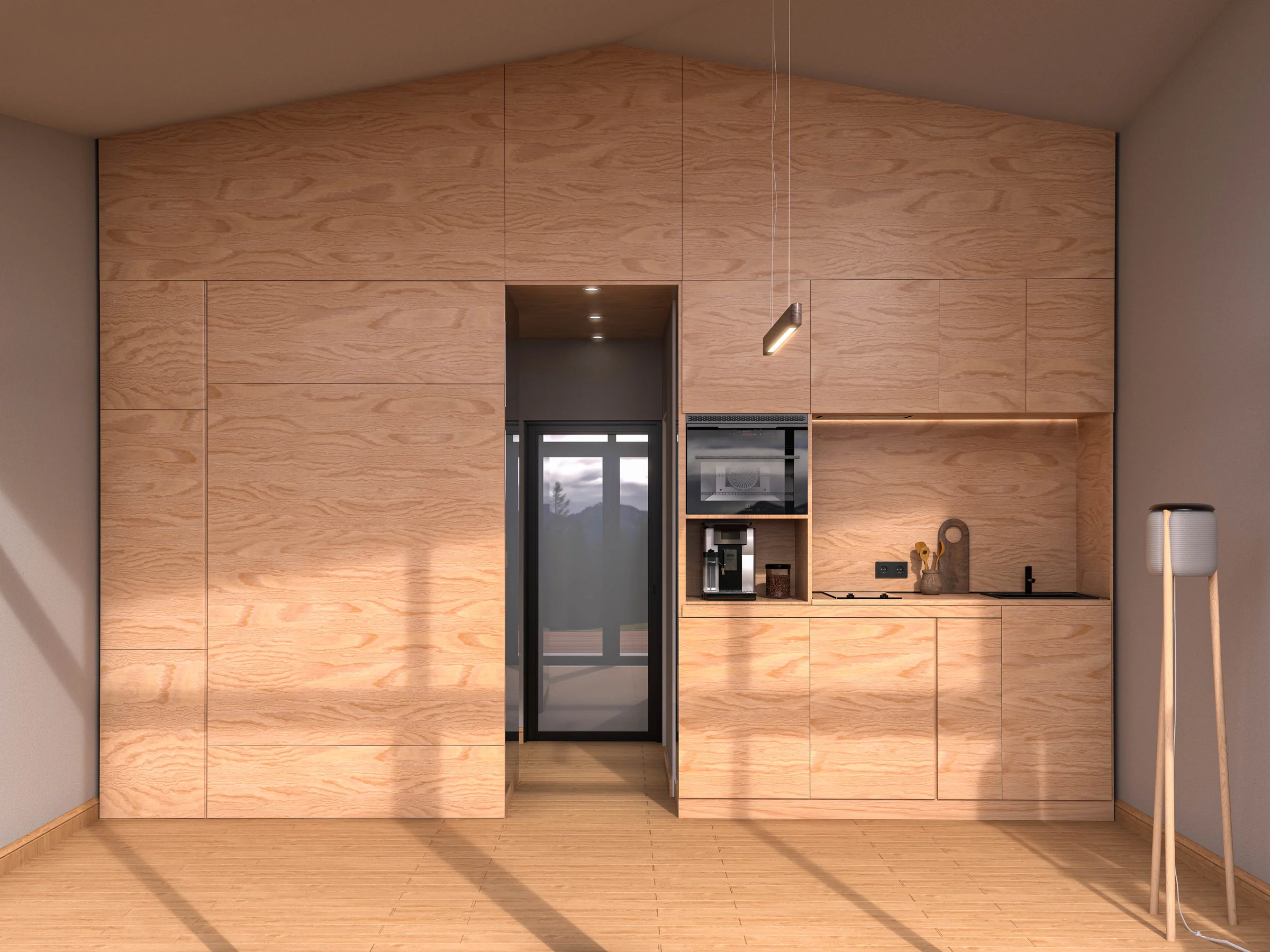 Cabin interior with the bed, table and workspace folded into the timber wall.